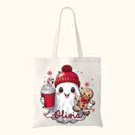 Gepersonaliseerde schattige Beanie Ghost Gingerbread Candy Cane Sneeuwvlokken Canvas Tote Bag met naam Verjaardag Kerstcadeau voor familie vriend(in)