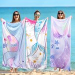 Personalized Glitter Fantasy Mermaid Quick Dry Oversized Microfiber Beach Towel with Name Summer Travel Essential Birthday Gift for Girls
