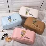 Personalised Birth Flower Bouquet Waterproof Leather Makeup Bag with Name and Handle Birthday Wedding Gift for Her