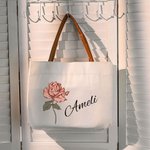 Gepersonaliseerde Eco-vriendelijke Fashion Fashion Flower Canvas Tote Bag met Naam Leren Handvat Wedding Party Verjaardagscadeau voor vrouwen