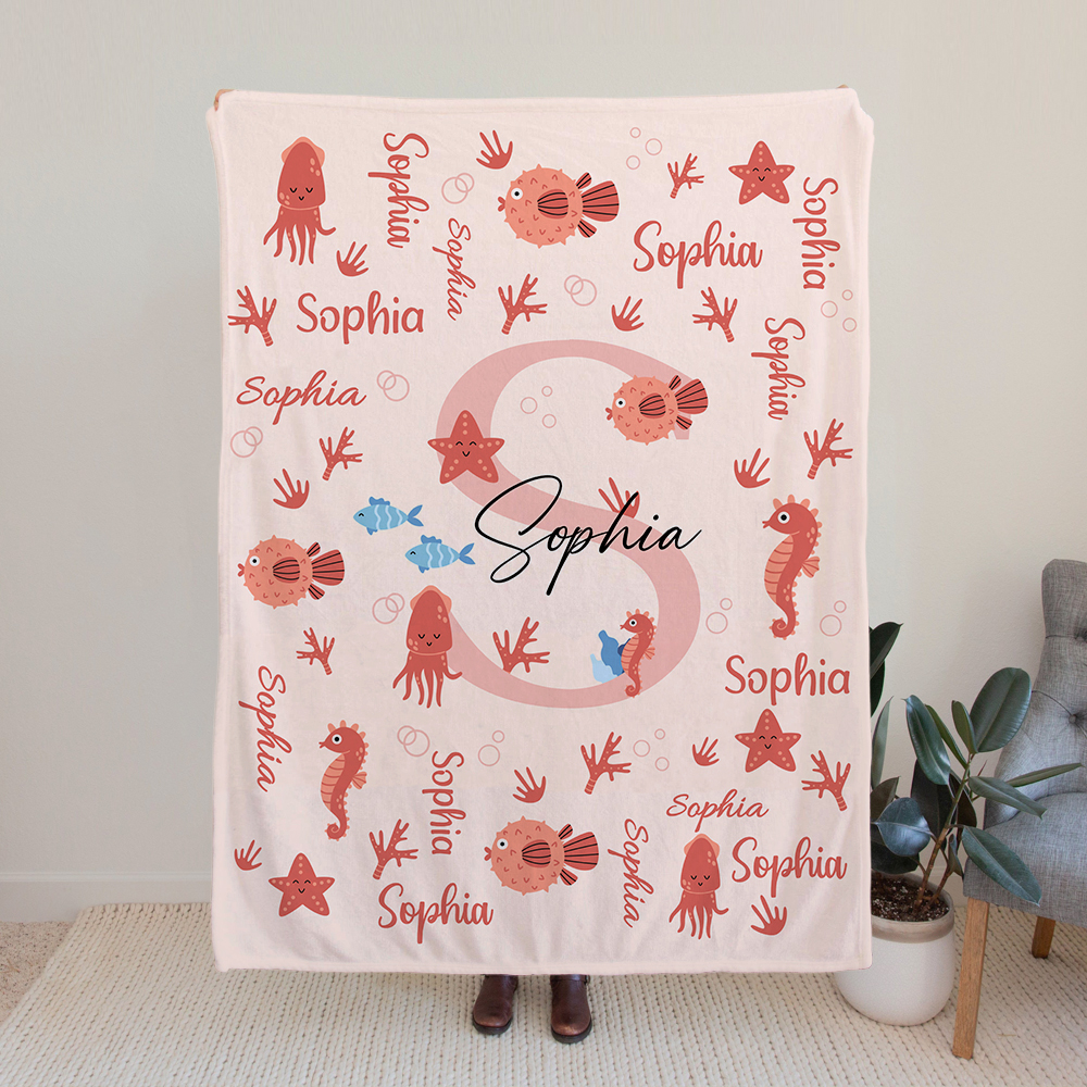 Personnalisé Baleine Puffer Sea Turtle Ocean Animal Soft Throw Blanket with Name Home Decor Birthday Gift for Kids