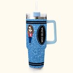 Personalized Faux Glitter Crayon Cute Cartoon 40oz Name Tumbler with Straw Birthday Back to School Gift for Teacher