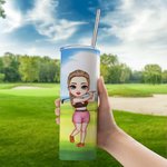 Personalised Cartoon Golf Player Character 20oz Skinny Tumbler with Name and Straw Birthday Sport Accessories Gift for Golf Enthusiast