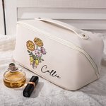 Personalised Birth Flower Bouquet Waterproof Leather Makeup Bag with Name and Handle Birthday Wedding Gift for Her