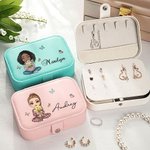 Personalised Cartoon Birth Flower Bouquet 2 Layer Portable Leather Travel Snap Jewellery Box with Name Birthday Christmas Family Gift for Women