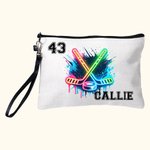 Personalised Neon Dynamic Hockey Design Linen Wristlet Makeup Bag with Name Birthday Sports Gift for Hockey Players Lovers