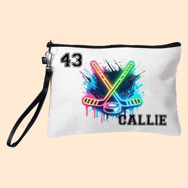 Personalized Neon Dynamic Hockey Design Linen Wristlet Makeup Bag with Name Birthday Sports Gift for Hockey Players Lovers
