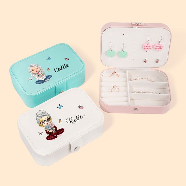 Personalizado de dibujos animados de flores de nacimiento de 2 capas de cuero portátil de viaje Snap joyero con nombre de cumpleaños de Navidad de reg