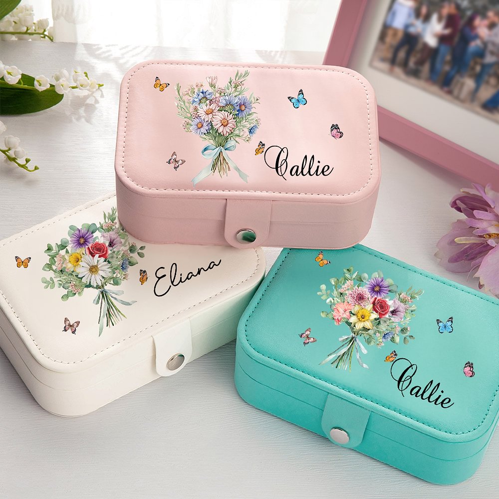 Boîte à Bijoux en Cuir Personnalisée avec Nom Bouquet de Fleurs de Naissance Boîte de 2 Couches à Bouton-Pression Cadeau Anniversaire Noël pour Femme