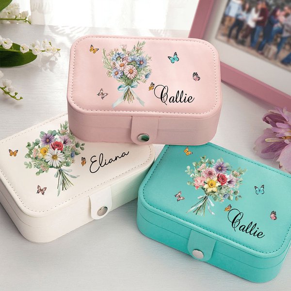 Personalized Birth Flower Bouquet 2 Layer Portable Leather Jewellery Box with Name and  Snap Bridal Shower Birthday Family Gift for Women