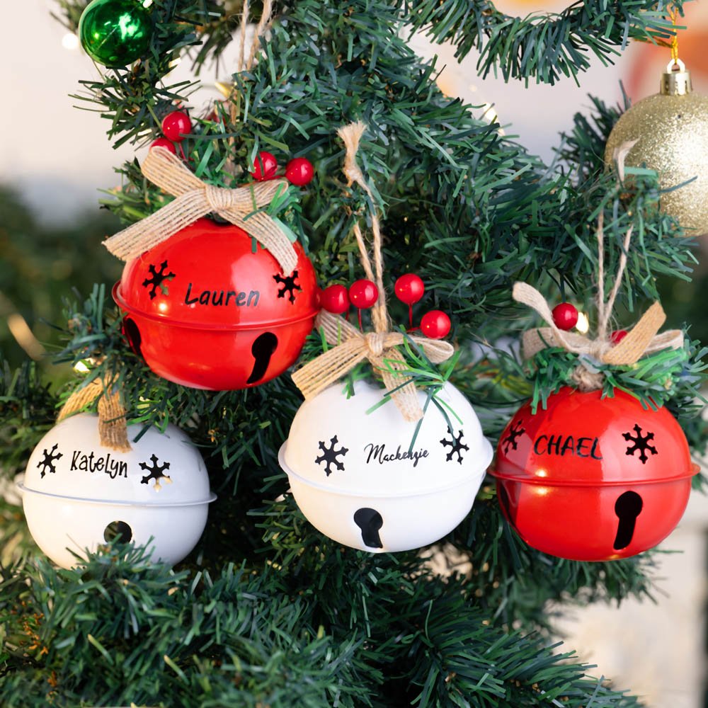 Personalizzato fiocco di neve Jingle Bell Holly Berry Spago Ornamento con nome inciso