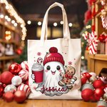 Gepersonaliseerde schattige Beanie Ghost Gingerbread Candy Cane Sneeuwvlokken Canvas Tote Bag met naam Verjaardag Kerstcadeau voor familie vriend(in)