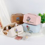 Personalised Birth Flower Bouquet Waterproof Leather Makeup Bag with Name and Handle Birthday Wedding Gift for Her