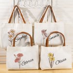 Gepersonaliseerde Eco-vriendelijke Fashion Fashion Flower Canvas Tote Bag met Naam Leren Handvat Wedding Party Verjaardagscadeau voor vrouwen