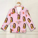 Personalizzato con faccia da cartone animato, colletto cubano, bottone su camicia a maniche lunghe, pantaloni con coulisse, set di pigiami abbinati, regalo di Natale divertente per i bambini della fam