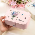 Boîte à Bijoux en Cuir Personnalisée avec Nom Bouquet de Fleurs de Naissance Boîte de 2 Couches à Bouton-Pression Cadeau Anniversaire Noël pour Femme