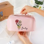 Personalised Birth Flower Bouquet Waterproof Leather Makeup Bag with Name and Handle Birthday Wedding Gift for Her