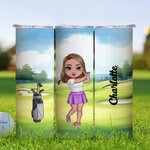 Personalised Cartoon Golf Player Character 20oz Skinny Tumbler with Name and Straw Birthday Sport Accessories Gift for Golf Enthusiast
