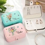 Boîte à Bijoux en Cuir Personnalisée avec Nom Bouquet de Fleurs de Naissance Boîte de 2 Couches à Bouton-Pression Cadeau Anniversaire Noël pour Femme