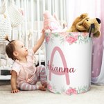 Personalized Floral Large Waterproof Oxford Cloth Toy Storage Laundry Basket  with handle with Name and Initial Housewarming Birthday Gift for Kids