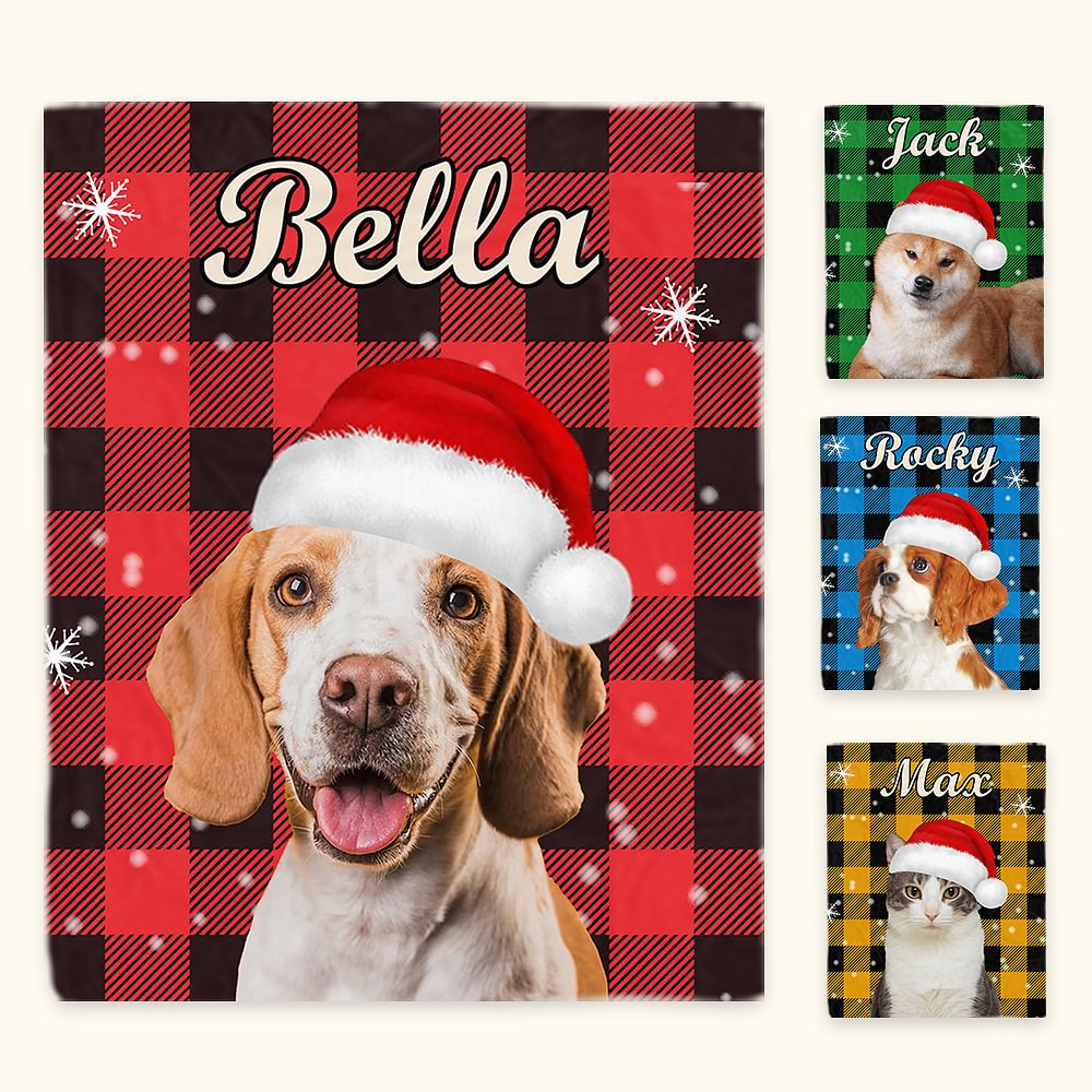 Personnalisé Chien Chat Chapeau de Père Noël Photo Colorée Plaid Flocon de Neige Couverture Douce avec Nom Décoration Maison Anniversaire Noël Cadeau