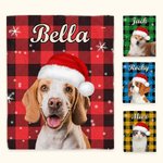 Personalised Dog Cat Santa Hat Photo Colourful Plaid Snowflake Soft Throw Blanket with Name Home Decor Birthday Christmas Gift for Pet Owners