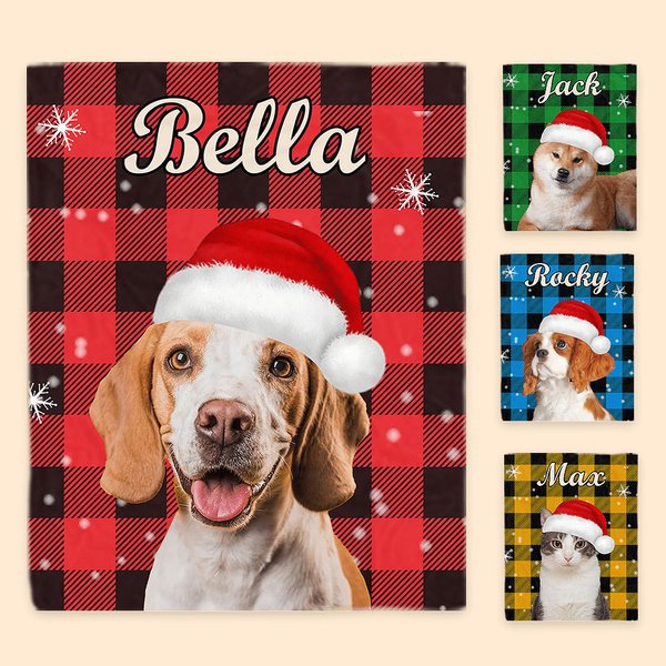 Personalisierte Hund Katze Santa Hut Foto bunt karierten Schneeflocke weiche Decke mit Namen Home Decor Geburtstag Weihnachtsgeschenk für Tierbesitzer