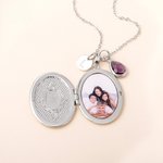 Personalized Engraved Birth Flower Birthstone Photo Locket Necklace with Cross or Initial Charm Dainty Jewelry Birthday Christian Gift for Women