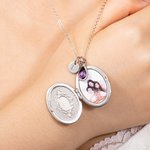 Personalized Engraved Birth Flower Birthstone Photo Locket Necklace with Cross or Initial Charm Dainty Jewelry Birthday Christian Gift for Women
