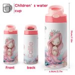 Personalized Pink Mermaid 12oz Insulated Kid Water Bottle with Name and Silicone Straw Back to School Birthday Gift for Girls