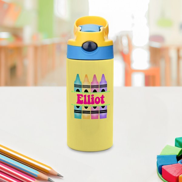 Personalised Multicolour Crayon 12oz Kid Water Bottle with Silicone Straw Back To School Outdoor Accessories Gift for Children