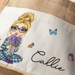 Personalised Cartoon Mom Grandma Holding Birth Flower Bouquet Large Jute Tote Bag with Name and Canvas Pocket Birthday Christmas Gift for Women