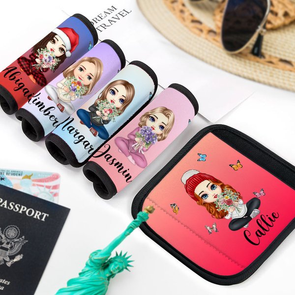 Personalized Gradient Cartoon Character Luggage Handle Wraps Set of 2 with Name and Contact Card Travel Accessories Gift for Women Girls