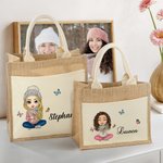 Personalised Cartoon Mom Grandma Holding Birth Flower Bouquet Large Jute Tote Bag with Name and Canvas Pocket Birthday Christmas Gift for Women