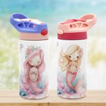 Personalized Pink Mermaid 12oz Insulated Kid Water Bottle with Name and Silicone Straw Back to School Birthday Gift for Girls