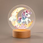 Veilleuse LED Personnalisée avec Nom à Motif de Bébé Licorne Décoration de Chambre avec Socle en Bois Cadeau Noël Anniversaire Baby Shower pour Fille