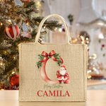 Personalizado Feliz Navidad Acebo Lazo Inicial Santa Claus Bolsa de yute con nombre Festival Fiesta Familia Regalo para Mujeres Niñas