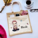 Personalised Cartoon Mom Grandma Holding Birth Flower Bouquet Large Jute Tote Bag with Name and Canvas Pocket Birthday Christmas Gift for Women