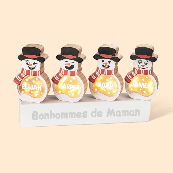Bonhommes de Neige en Bois Personnalisés avec Expression du Visage et Nom Set de 2-16 Décorations avec Lumière LED Cadeau Fête Noël pour Famille