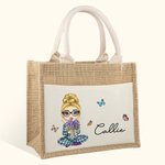 Personalised Cartoon Mom Grandma Holding Birth Flower Bouquet Large Jute Tote Bag with Name and Canvas Pocket Birthday Christmas Gift for Women
