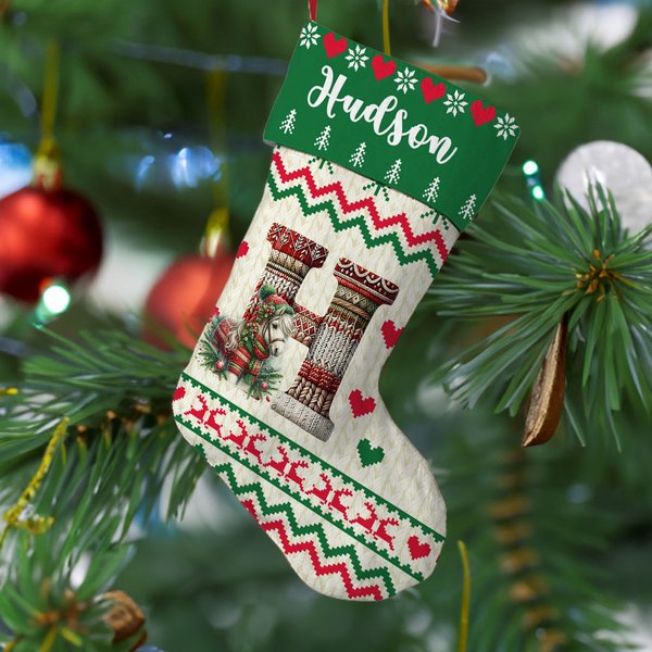 Personalized Cute Christmas Knitted Sweater Animal Hanging Christmas Stocking with Initial Home Decor Gift for Kids Family