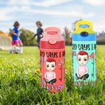 Personalized Cartoon Character Birth Flower 12oz Kid Water Bottle with Name Bible Verse Baptism Birthday Gift for Girls Boys