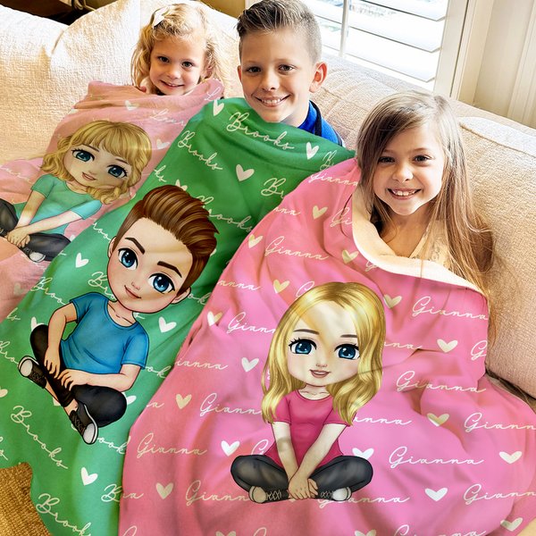 Personalised Cartoon Character Love Heart Throw Blanket with Repeating Names Home Decor Birthday Holiday Gift for Family Kids