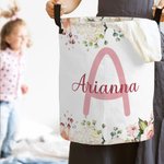 Personalized Floral Large Waterproof Oxford Cloth Toy Storage Laundry Basket  with handle with Name and Initial Housewarming Birthday Gift for Kids