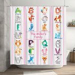 Personalised Cartoon Animal Alphabet ABC Learning Shower Curtain with 12 Rust-Proof Grommets Bathroom Decor Birthday Gift for Baby Girls Boys