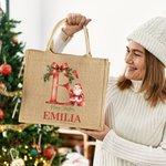 Personalizado Feliz Navidad Acebo Lazo Inicial Santa Claus Bolsa de yute con nombre Festival Fiesta Familia Regalo para Mujeres Niñas
