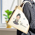 Personalised Cartoon Mom Grandma Holding Birth Flower Bouquet Large Jute Tote Bag with Name and Canvas Pocket Birthday Christmas Gift for Women