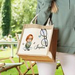 Personalised Cartoon Mom Grandma Holding Birth Flower Bouquet Large Jute Tote Bag with Name and Canvas Pocket Birthday Christmas Gift for Women