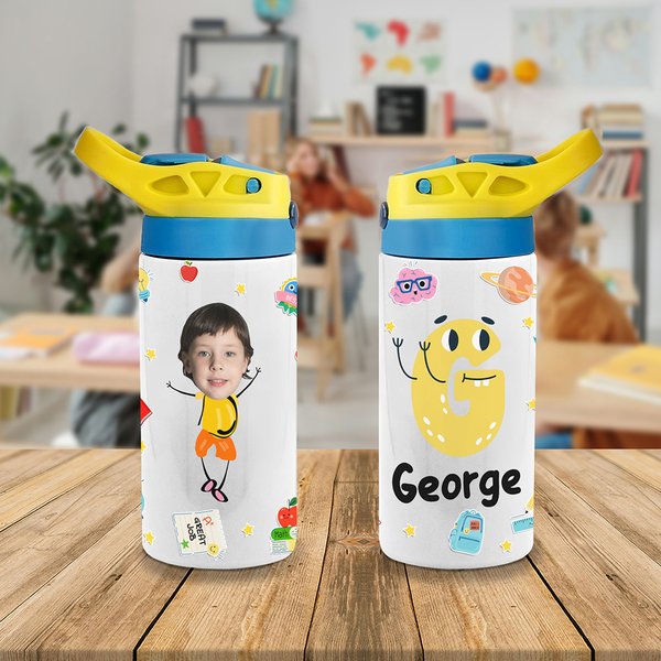 Botella de agua personalizada con nombre e inicial de graffiti de colores vivos Regalo de vuelta al cole para niños