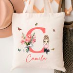 Personalizada Nacimiento Flor Ramo Cartoon Personaje Reutilizable Gran Bolsa de Lona con Nombre e Inicial Cumpleaños Regalo para Mujer Niña